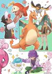  1girl 2boys :d boots brown_jacket charizard closed_eyes closed_mouth confetti dot_(pokemon) flower friede_(pokemon) fuecoco goggles green_pants hair_over_eyes hat headpat highres holding holding_pokemon jacket multiple_boys oka_3776 open_clothes open_mouth open_vest pants pink_flower pokemon pokemon_(anime) pokemon_(creature) pokemon_horizons purple_hair quaxly roy_(pokemon) shirt short_sleeves sitting sleeveless sleeveless_shirt slippers smile sparkle standing tank_top tinkatink vest wattrel white_hair 