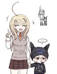  1boy 1girl ahoge akamatsu_kaede backpack bag blonde_hair blush_stickers breasts brown_hair danganronpa duo eyebrows eyes_closed hair_ornament hairclip hat horned_headwear hoshi_ryouma jacket miniskirt musical_note musical_note_hair_ornament necktie new_danganronpa_v3 open_mouth pants school_uniform skirt striped striped_pants tie uniform 