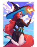  afk_arena dress fire hat high_heels highres long_hair looking_at_viewer mirael_(afk_journey) orensje potion red_hair side_slit very_long_hair vial witch_hat 