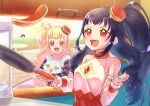  3girls :d animal bare_shoulders black_hair blonde_hair cat cooking cupboard detached_sleeves drill_hair flipping_food food frying_pan hands_up hat highres holding holding_animal holding_cat holding_frying_pan indoors kagayaki_alice kagayaki_eve kiratto_pri_chan kitchen long_hair looking_at_another luluna_(pri_chan) mini_hat moukinui multiple_girls open_mouth pancake pretty_series red_eyes shirt side_ponytail sleeveless sleeveless_shirt smile solulu upper_body very_long_hair white_shirt 