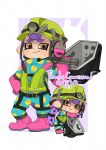  1boy bloblobber_(splatoon) boots border chibi chibi_inset closed_mouth commentary_request commission coula_cat duct_tape hand_on_own_hip holding holding_weapon life_vest lifebuoy male_focus mining_helmet multiple_views octoling octoling_boy octoling_player_character outside_border pink_footwear purple_background purple_hair rubber_boots salmon_run_(splatoon) short_hair smile splatoon_(series) splatoon_3 standing swim_ring tentacle_hair thank_you vest weapon white_border yellow_eyes 