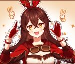 1girl amber_(100_outrider)_(genshin_impact) amber_(genshin_impact) breasts brown_hair cleavage crossed_bangs fake_mrbeast_(meme) genshin_impact gloves gradient_background hair_between_eyes hairband hands_up highres long_hair long_sleeves looking_at_viewer medium_breasts meme open_mouth pochimaru_(marumaru_wanwan) red_gloves red_hairband simple_background smile solo two-tone_gloves upper_body white_gloves yellow_eyes 