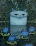  animal animal_focus blue_cat blue_eyes cat closed_mouth highres karin_hosono lily_pad looking_at_viewer nature no_humans original outdoors painting_(medium) realistic traditional_media white_cat 