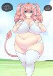 animal_humanoid belly big_belly big_breasts blue_eyes bovid bovid_humanoid bovine bovine_humanoid breasts cattle_humanoid cleavage clothed clothing dialogue female hair hi_res holding_breast huge_breasts huge_thighs humanoid legwear mammal mammal_humanoid navel outside overweight overweight_female overweight_humanoid pink_hair pixiveo solo speech_bubble stockings tail text thick_thighs topwear unnamed_character walking