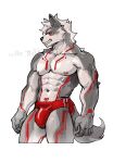 2023 abs absurd_res anthro artist_name biceps black_sclera canid canine canis clothed clothing deltoids fur grey_body grey_fur hair hi_res male mammal markings multicolored_body multicolored_fur muscular muscular_anthro muscular_male nipples pecs re_baiz red_clothing red_eyes red_markings red_underwear ryouon_ritsu simple_background solo two_tone_body two_tone_fur underwear underwear_only watermark white_background white_body white_fur white_hair wolf