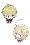  1boy 1girl ahoge akamatsu_kaede amami_rantarou blonde_hair chibi danganronpa duo green_eyes green_hair hair_ornament hairclip jewelry matching_hair/eyes miniskirt musical_note musical_note_hair_ornament necklace necktie new_danganronpa_v3 pants piercing school_uniform shirt short_hair skirt striped striped_shirt sweater sweater_vest tie uniform 