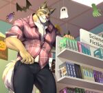 2023 absurd_res anthro bottomwear canid canine canis clothing fur furniture halloween_decoration hi_res inside male mammal northern_lights_(visual_novel) pants purtropos shelf shirt solo tail topwear vincent_(northern_lights) wolf yellow_body yellow_fur