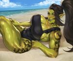  1girl akira_raikou arm_tattoo beach black_hair black_one-piece_swimsuit blue_sky blush breasts cleavage cloud colored_skin covered_navel day female_orc green_eyes green_skin hand_on_own_thigh highres hip_tattoo large_breasts long_hair looking_at_viewer lying muscular muscular_female one-piece_swimsuit orc original outdoors pointy_ears ponytail sand sky solo sweat swimsuit tattoo tusks water 