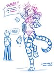  2017 anthro backpack barefoot blush book bra bread chest_tuft clothed clothing dialogue digitigrade duo embarrassed english_text feline female flora_(twokinds) food fur hi_res holding_object human humor keidran male mammal midriff monochrome nonchalant one_leg_up open_mouth panties screaming simple_background sketch skimpy striped_fur stripes sweat text tiger toast tom_fischbach trace_legacy tuft twokinds underwear webcomic white_background 