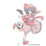  1girl :d ascot ball bat_wings bifidus_(exkagerou8665) black_wings blue_hair bow hat hat_ribbon highres one-hour_drawing_challenge pink_shirt pink_skirt pointy_ears red_ascot red_bow red_eyes red_footwear red_ribbon remilia_scarlet ribbon shirt simple_background skirt smile soccer_ball solo touhou waist_bow white_background wings 