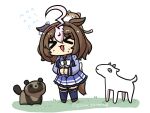  &gt;_&lt; 1girl ahoge animal animal_ears animal_on_head blue_shirt blue_skirt blue_thighhighs bow breasts brown_footwear brown_hair cat chibi closed_eyes facing_viewer flying_sweatdrops goat goma_(gomasamune) grass hairband highres horse_ears horse_girl horse_tail large_breasts long_sleeves meisho_doto_(umamusume) multicolored_hair on_head open_mouth pink_hairband pleated_skirt school_uniform shirt shoes simple_background skirt solo standing sweat tail tanuki thighhighs tracen_school_uniform two-tone_hair umamusume white_background white_bow white_hair 