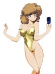  1girl absurdres blue_eyes breasts cleavage gold_one-piece_swimsuit highleg highleg_swimsuit highres light_brown_hair looking_at_viewer medium_breasts medium_hair object_request one-piece_swimsuit original samoto_mitsukuni simple_background solo swimsuit thigh_gap white_background 