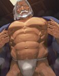  1boy abs bara bare_pectorals blue_eyes bulge cowboy_shot dark-skinned_male dark_skin from_below fundoshi highres japanese_clothes jp_(street_fighter) large_pectorals looking_at_viewer male_focus mature_male messy_hair muscular muscular_male navel nipples old old_man pectorals revision sa1k0p solo standing stomach street_fighter street_fighter_6 strongman_waist sweat thick_eyebrows thick_mustache thick_thighs thighs undressing veiny_crotch very_sweaty white_hair 