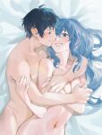  1boy 1girl :d absurdres bed_sheet black_eyes black_hair blue_eyes blue_hair blush breasts cleavage closed_mouth collarbone commission completely_nude couple eye_contact from_above grin highres hug hug_from_behind jaku-chara_tomozaki-kun long_hair looking_at_another lying medium_breasts nanami_minami navel nude on_back on_bed parted_lips pixiv_commission short_hair smile sunao_(souis) tomozaki_fumiya upper_body 