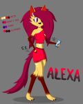 alexa_(vivzlover) anthro bottomwear breasts canid canine clothing electronics female grey_background hair hi_res mammal model_sheet one_eye_obstructed phone purple_eyes red_hair shirt simple_background skirt solo tail topwear vivzlover yellow_body