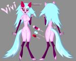 anthro blue_hair breasts canid canine female grey_background hair hi_res mammal model_sheet pink_body red_eyes simple_background solo tail vivi_(vivzlover) vivzlover