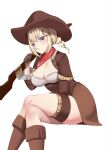  1girl absurdres alternate_costume alternate_hairstyle bandana blonde_hair blush boots braid braided_ponytail breasts brown_coat brown_footwear brown_hat capelet cherry_blossom_print cleavage coat commentary cowboy_boots cowboy_hat cowgirl_(western) embarrassed english_commentary floral_print hat highres hololive hololive_english invisible_chair large_breasts leaning_forward mole mole_on_breast mouth_hold red_bandana shirt short_hair sitting skaarl_(artist) solo stalk_in_mouth thigh_strap toy_gun underbust virtual_youtuber watson_amelia white_shirt 