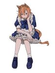  1girl absurdres alternate_costume animal_ears apron blue_footwear blush bow collared_dress dress enmaided frilled_apron frills hand_on_own_cheek hand_on_own_face highres horse_ears horse_girl maid maid_apron motibeeeee orange_hair orange_tail shoes short_hair solo t.m._opera_o_(umamusume) umamusume waist_apron white_apron white_background 