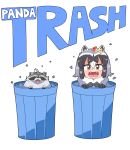  1girl animal_ears black_hair bow bowtie common_raccoon_(kemono_friends) creature_and_personification english_text fangs fish_bone fur_collar grey_hair highres in_trash_can kemono_friends multicolored_hair open_mouth raccoon raccoon_ears short_hair umikaze_shuu 