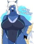 anthro biped blue_body breasts cleavage clothed clothing female gearfactory generation_5_pokemon hair japanese_text navel_outline nintendo one-piece_swimsuit pokemon pokemon_(species) red_eyes samurott solo swimwear text white_hair yellow_body