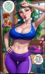  3girls arm_up armpits aroma_sensei blue_sports_bra body_freckles braid breasts breath brown_hair caroline_(stardew_valley) cleavage curvy doorway dripping english_commentary exercise eyelashes flying_sweatdrops freckles green_eyes green_hair hand_on_own_hip head_tilt highres indoors jodi_(stardew_valley) large_breasts lips looking_at_viewer messy_hair multiple_girls navel orange_hair pants parted_lips patreon_username ponytail pov_doorway signature sitting speech_bubble sports_bra sportswear standing stardew_valley steaming_body stomach sunlight sweat sweatband talking tank_top twintails weightlifting wide_hips window wiping_forehead wooden_floor workout_clothes yoga_mat yoga_pants 