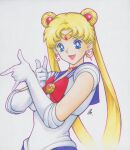  1girl andy_seto bishoujo_senshi_sailor_moon blonde_hair blue_eyes bow breasts chinese_commentary choker circlet commentary_request crescent crescent_earrings double_bun earrings elbow_gloves english_commentary gloves hair_bun highres jewelry marker_(medium) medium_breasts mixed-language_commentary open_mouth pleated_skirt red_bow red_choker sailor_moon signature skirt smile solo traditional_media tsuki_ni_kawatte_oshioki_yo tsukino_usagi twintails upper_body white_gloves 