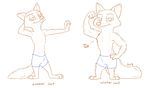  2016 anthro barefoot canine clothed clothing comparison disney english_text flexing fluffy fox half-closed_eyes hand_behind_head hand_on_hip looking_at_viewer male mammal nick_wilde signature simple_background smile solo standing text tggeko topless white_background zootopia 