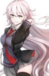  1girl ahoge alternate_hair_length alternate_hairstyle black_jacket black_thighhighs buttons cardigan collared_shirt commentary_request fate/grand_order fate_(series) fufufu_hehehe grey_cardigan grey_skirt grin hair_between_eyes highres jacket jeanne_d&#039;arc_alter_(fate) long_hair long_sleeves looking_at_viewer necktie official_alternate_costume open_clothes open_jacket pleated_skirt red_necktie school_uniform shirt simple_background skirt smile solo thighhighs uniform very_long_hair white_background white_shirt yellow_eyes 