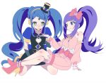  2girls anchiki_shou archived_source bad_id bad_twitter_id black_dress black_gloves blue_hair blunt_bangs blush bow braid braided_bangs closed_mouth crossed_legs crying crying_with_eyes_open detached_sleeves dress full_body garara_s_leep gloves hair_bow hanazono_shuka hat head_chain headphones high_heels highres idol_clothes idol_time_pripara long_hair looking_at_another mini_hat mini_top_hat multiple_girls open_mouth pink_bow pink_footwear pink_shirt pink_skirt ponytail pretty_series pripara puffy_short_sleeves puffy_sleeves purple_eyes purple_hair shirt short_sleeves simple_background sitting skirt smile symbol-shaped_pupils tears top_hat twintails very_long_hair white_background yellow_eyes 
