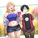  1boy 1girl bare_shoulders black_shirt blonde_hair blue_eyes blue_tank_top boku_no_kokoro_no_yabai_yatsu breasts brown_pants cellphone cellphone_charm charm_(object) closed_eyes closed_mouth colored_tips cowboy_shot denim denim_shorts gyaru hair_over_one_eye halterneck holding holding_phone ichikawa_kyoutarou jacket jk_arts long_hair looking_at_another medium_breasts multicolored_hair navel off_shoulder official_alternate_hairstyle open_mouth pants phone red_jacket shirt short_hair shorts smartphone smile tank_top thighs twitter_username white_jacket yamada_anna 