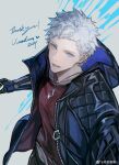  1boy blue_eyes devil_may_cry_(series) devil_may_cry_5 highres holding hood jacket lolvivianli looking_at_viewer male_focus nero_(devil_may_cry) open_mouth pale_skin shirt short_hair smile solo white_hair 