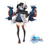  battleship:_war_girl binoculars black_skirt blue_hair cannon copyright_name full_body hair_between_eyes hand_on_hip headset helena_(battleship:_war_girl) hood hood_up jacket looking_at_viewer miniskirt official_art open_clothes open_jacket open_mouth pleated_skirt red_eyes short_hair skirt sleeves_folded_up solo standing thighhighs westxost_(68monkey) zettai_ryouiki 