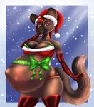  2017 abdominal_bulge african_wild_dog anthro belly big_belly blue_background bow bra brown_eyes brown_fur canine celeste_(xanderblaze) christmas clothing female fur hair hat holidays lingerie mammal outie_navel pregnant red_hair rubber santa_hat simple_background smile snow solo spottedtigress underwear 