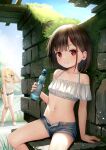  2girls bandeau bare_shoulders blonde_hair blue_sky blush bottle breasts brown_hair collarbone green_eyes highres long_hair looking_at_viewer multiple_girls navel original ramune red_eyes revision short_hair short_shorts shorts sitting sky smile thighs yan_(nicknikg) 