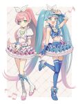  2girls blue_eyes blue_hair blue_thighhighs blue_wrist_cuffs boots bow brooch choker cosplay cure_melody cure_melody_(cosplay) cure_prism cure_rhythm cure_rhythm_(cosplay) cure_sky earrings frills full_body green_eyes heart heart_brooch highres hirogaru_sky!_precure jewelry long_hair looking_at_viewer magical_girl multiple_girls musical_note navel nijigaoka_mashiro open_mouth pink_background pink_choker pink_hair pink_wrist_cuffs ponytail precure ribbon skirt smile sora_harewataru suite_precure thighhighs twintails v white_background white_bow white_choker wrist_cuffs yuzu_sato 