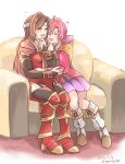  2girls altena_(fire_emblem) aristocratic_clothes armor armored_boots black_garter_straps boots brown_eyes brown_hair byakkos cape closed_eyes couch ethlyn_(fire_emblem) fire_emblem fire_emblem:_genealogy_of_the_holy_war fire_emblem:_thracia_776 garter_straps headband highres mother_and_daughter multiple_girls on_couch open_mouth pink_hair red_armor thighhighs white_headband yellow_cape 