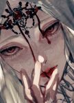  1girl blood blood_on_face crown facial_mark highres looking_at_viewer momota_ro5555 original red_eyes solo tag white_hair 