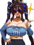  1girl :d absurdres animal_ears bare_shoulders blue_ribbon breasts brown_hair cleavage commentary feipin_zhanshi hair_ribbon hand_on_own_hip hat heart heart_necklace highres horse_ears horse_girl huge_breasts jewelry looking_at_viewer midriff multicolored_hair navel necklace open_mouth ribbon simple_background smile solo streaked_hair sunglasses twintails umamusume vivlos_(umamusume) white_background white_hair white_hat 