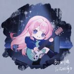  1girl artist_name bang_dream! bang_dream!_it&#039;s_mygo!!!!! beichuanjing blue_shirt chibi chihaya_anon clenched_teeth commentary gift_art grey_eyes guitar hashtag_only_commentary highres holding holding_guitar holding_instrument instrument long_hair pink_hair playing_guitar shirt smile solo stage_lights teeth 