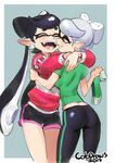  absurdres alternate_costume aori_(splatoon) ass boyshorts christmas christmas_sweater colo_(nagrolaz) cousins cowboy_shot domino_mask earrings fangs highres hotaru_(splatoon) hug jewelry long_sleeves mask multiple_girls mutual_hug open_mouth pants pointy_ears shirt short_sleeves shorts simple_background smile socks splatoon_(series) splatoon_1 squid sweater t-shirt tentacle_hair yoga_pants 