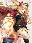  :d absurdres asymmetrical_legwear bangs beige_background between_breasts black_dress black_legwear blonde_hair breasts cape commentary_request detached_collar dress earrings ereshkigal_(fate/grand_order) fate/grand_order fate_(series) fur-trimmed_cape fur_trim highres infinity jewelry large_breasts long_hair looking_at_viewer necklace open_mouth parted_bangs red_cape red_eyes renka_(renkas) single_thighhigh skull smile solo spine thighhighs two_side_up upper_teeth 