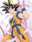  1boy angel_wings black_eyes black_hair blue_shirt commentary dougi dragon_ball dragon_ball_z english_commentary feathered_wings feathers halo looking_at_viewer male_focus mixed-language_commentary muscular muscular_male orange_pants orange_shirt pants revision ruyi_jingu_bang salute shirt short_hair short_sleeves sleeveless sleeveless_shirt solo son_goku spiked_hair wings yellow_halo yonezawa_mao 