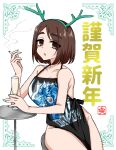  1girl 2024 :o alcohol antlers apron bare_arms bare_shoulders black_apron breasts brown_eyes brown_hair champagne chinese_zodiac cigarette collarbone cup dragon drinking_glass eastern_dragon fake_antlers green_nails hairband highres holding holding_cigarette holding_cup horns ieiri_shoko jujutsu_kaisen large_breasts looking_at_viewer mole mole_under_eye nail_polish naked_apron open_mouth short_hair sitting smoke smoking solo sou_(mgn) table thick_eyebrows thighs white_background year_of_the_dragon 