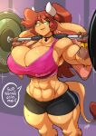 abs anthro athletic athletic_female barbell big_breasts bodily_fluids bottomwear bovid bovine bra breasts brown_body brown_fur brown_hair brown_tail cattle chalo choker cleavage clothed clothing dialogue english_text exercise female fur green_eyes hair hi_res horn hotpants huge_breasts jewelry las_lindas long_hair mammal mora_linda motion_lines muscular muscular_anthro muscular_female necklace nipple_outline open_mouth shorts solo speech_bubble sports_bra standing sweat tail text text_on_clothing thick_thighs underwear weightlifting weights workout