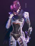  1girl absurdres apex_legends arexu armor artist_name black_background black_bodysuit black_scarf bodysuit clenched_hand cowboy_shot electricity english_commentary hand_on_own_shoulder helmet highres official_alternate_costume power_armor scarf solo voidwalker_wraith wraith_(apex_legends) 