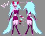 anthro blue_hair breasts canid canine clothed clothing female grey_background hair hi_res mammal model_sheet pink_body red_eyes simple_background solo tail vivi_(vivzlover) vivzlover
