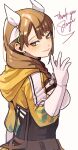  1girl absurdres black_corset braid braided_ponytail breasts brown_hair commission corset fire_emblem fire_emblem_engage goldmary_(fire_emblem) highres hooded_top large_breasts low_ponytail misokatsuhaumai mole mole_on_breast single_shoulder_pad skirt yellow_eyes yellow_skirt 