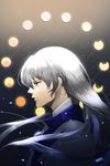  blue_eyes cardcaptor_sakura constellation face from_side hair_between_eyes haomiao_shiji highres long_hair male_focus moon moon_phases parted_lips profile serious signature silver_hair solo very_long_hair yue_(ccs) 