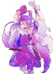  1girl 2021 ^_^ ainu ainu_clothes animal arms_up asirpa cloak closed_eyes commentary_request dated dctroo_08 earrings floating_hair golden_kamuy happy headband highres holding holding_animal holding_rabbit hoop_earrings jewelry purple_theme rabbit simple_background solo thick_eyebrows white_background 