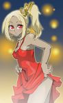  ass blonde_hair breasts cleavage commentary_request covered_nipples dark_skin dress dress_lift graphite_(medium) gravity_daze kitten_(gravity_daze) long_hair looking_at_viewer millipen_(medium) onnaski open_mouth red_eyes solo thighs traditional_media 